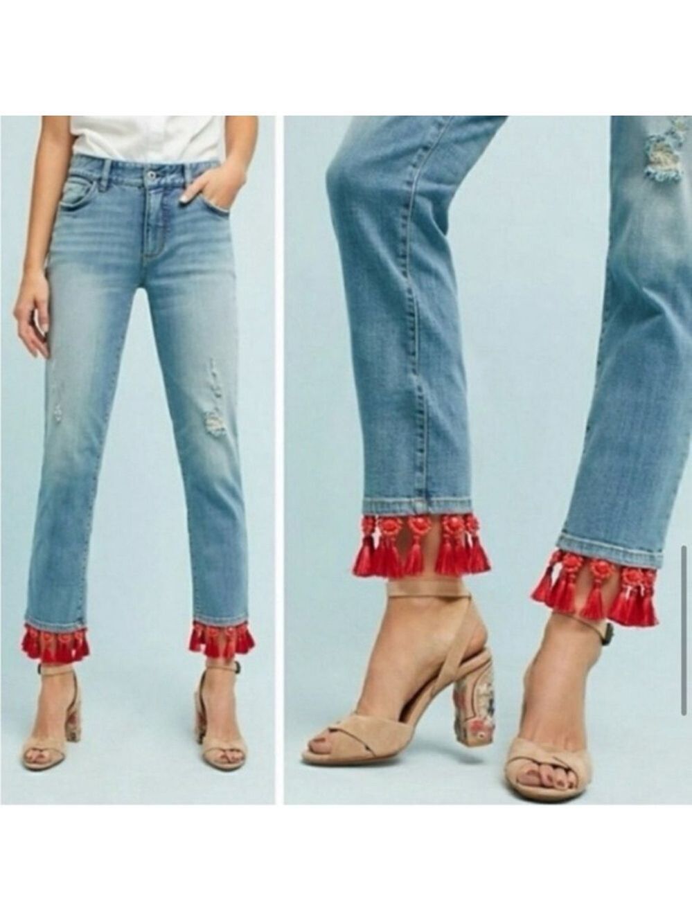 Pilcro and the Letterpress Slim Boyfriend Cropped Jeans red beaded tasseled hem